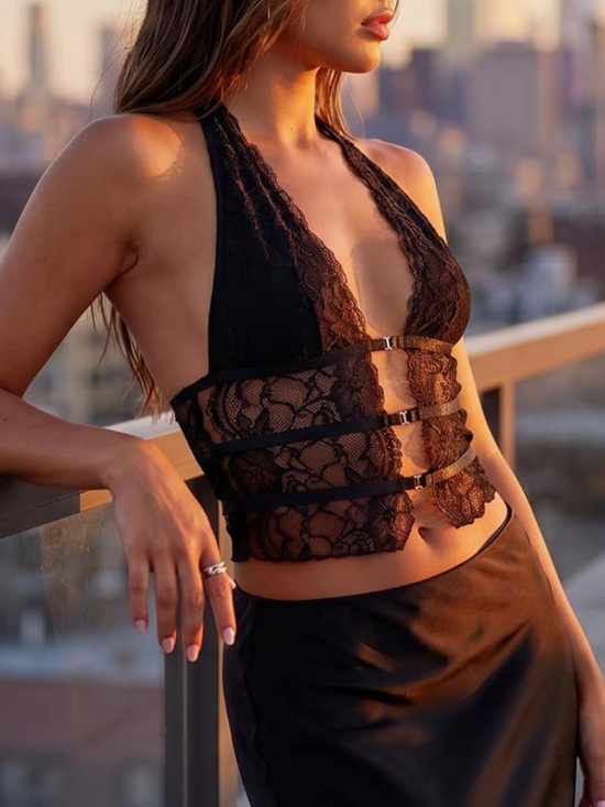 Tops - Lace Halter Crop Top - Black